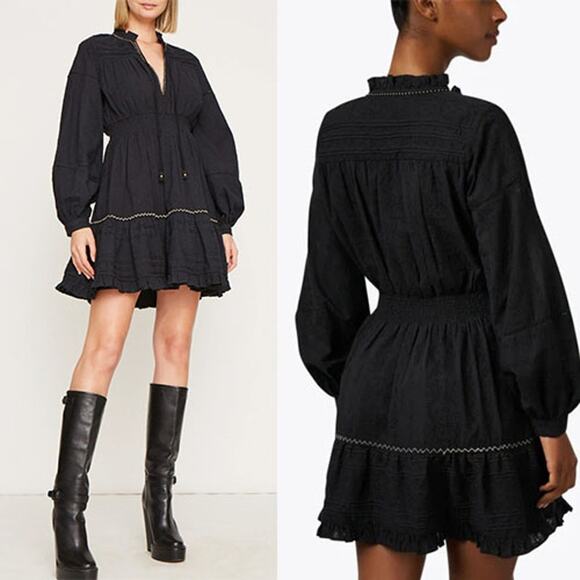 NWT Figue Rayne Long Sleeve Ruffle Black Embroidered Cotton Dress Size: XS - Picture 8 of 8